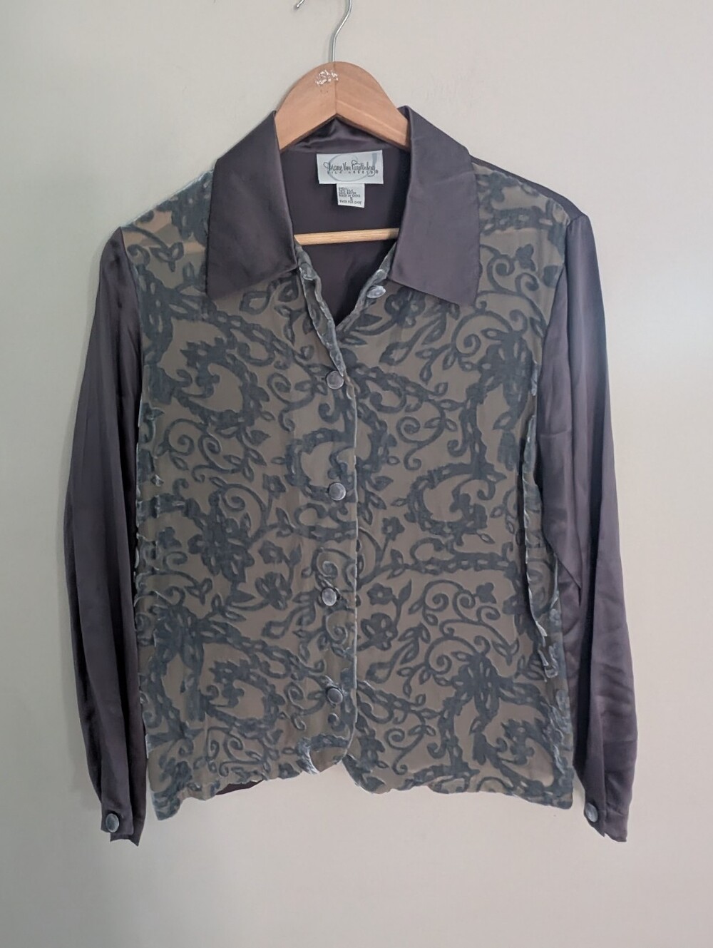 Vintage Diane Von Furstenburg Silk Velour Multimedia Gray Blouse Size S